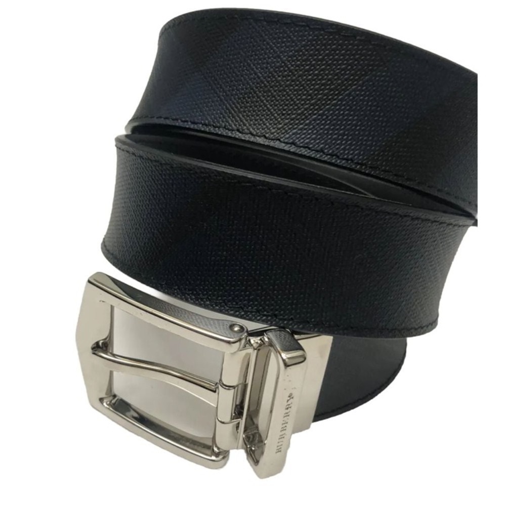 Burberry Men- black Leather Belt with Silver Buckle
